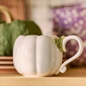 New Anthropologie Harvest Pumpkin-Shaped Mug White Ivory Fall Thanksgiving Cup
